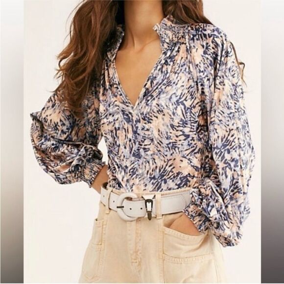 Free People Go Get Em Crushed Velvet Balloon Sleeve Blouse Tan Blue Small - Picture 2 of 15